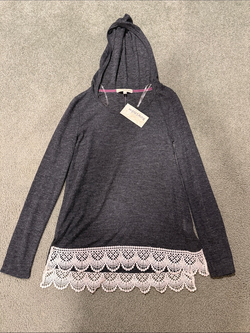 Rewind Charcoal Hooded Knit Top with White Lace Trim